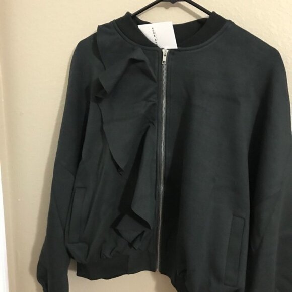 FEW MODA Bomber JACKET Ruffle Olive Green New with tags size Large #104 - Picture 4 of 13